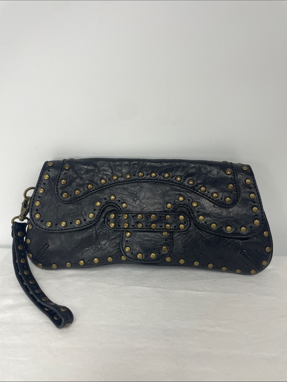 Kooba Black Leather Studded Wristlet Clutch with Brass Accents